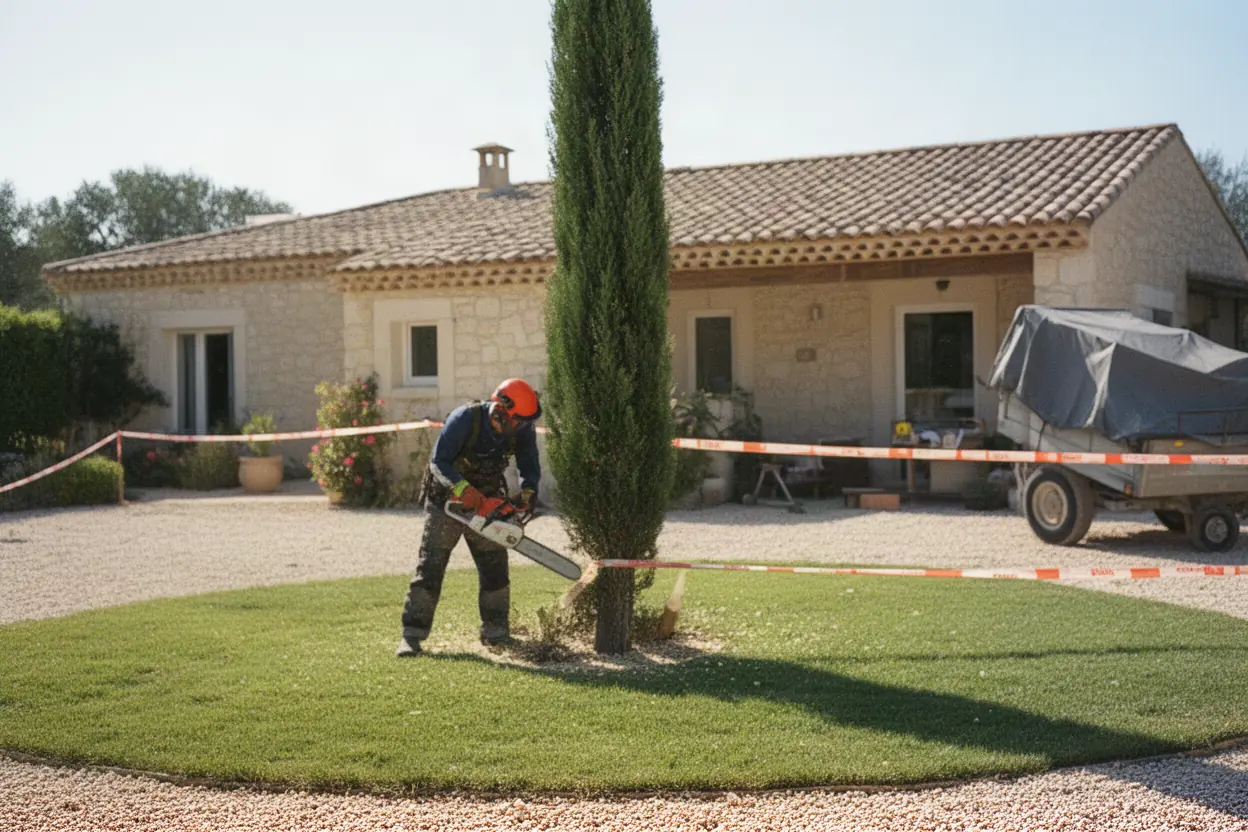 Abattage contrôlé d'un arbre dans un jardin à Salon-de-Provence
