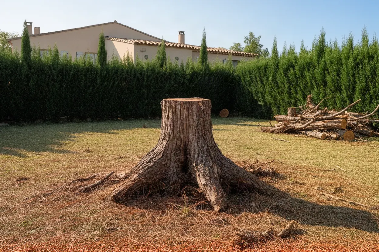 Souche de pin après tempête dans un jardin à Sénas