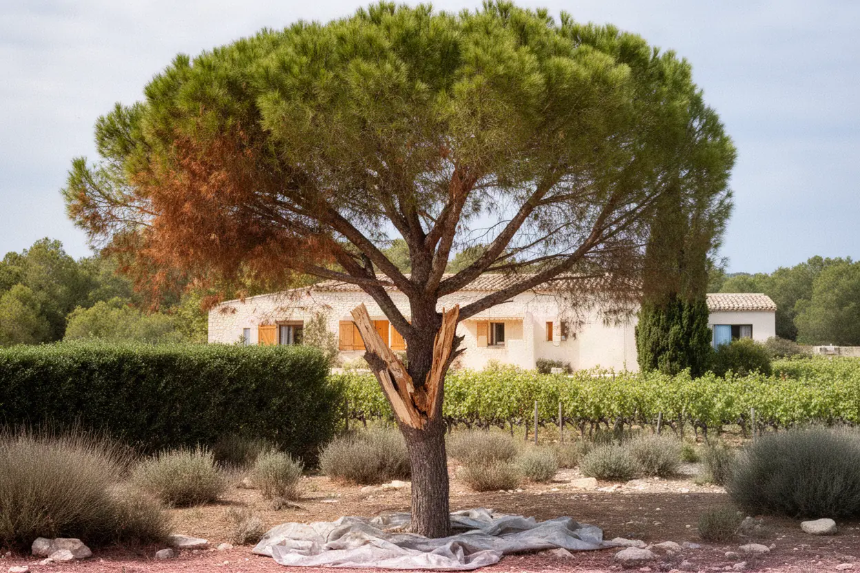 Pin d'Alep au houppier dense avant élagage d'éclaircie à Lançon-Provence