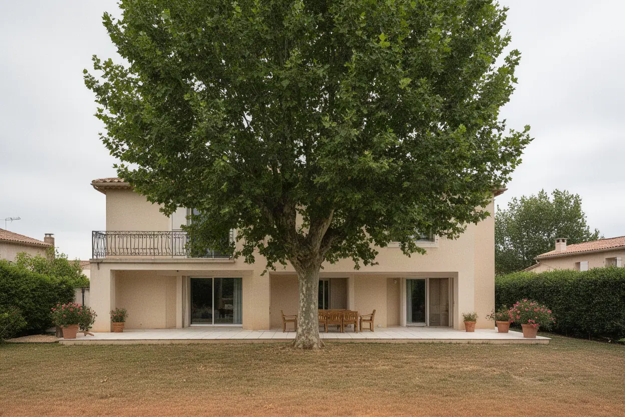 Platane touffu aux branches basses sur une terrasse à Salon-de-Provence