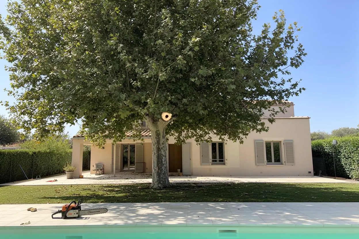 Platane taillé en hauteur au-dessus d'une piscine à Lançon-Provence