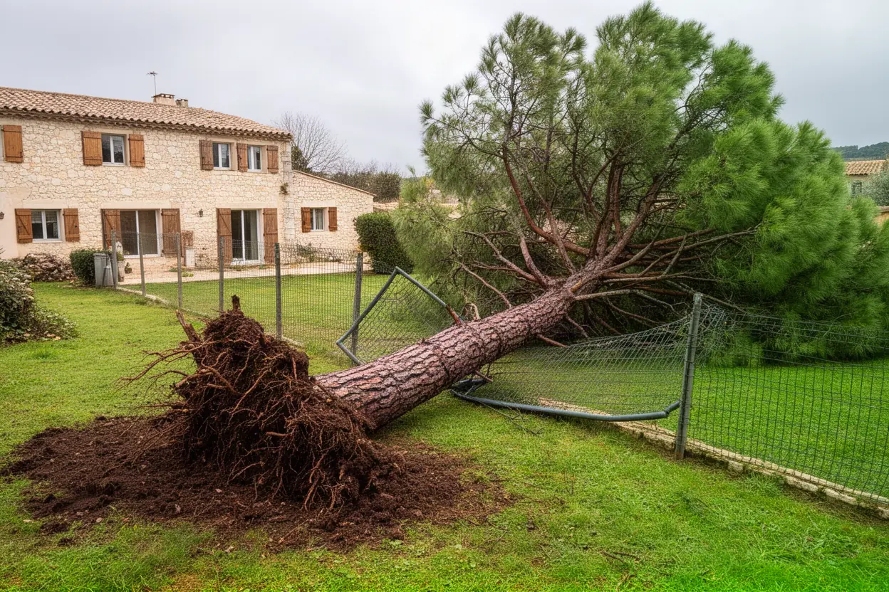 Pin d'Alep couché sur une clôture après un orage