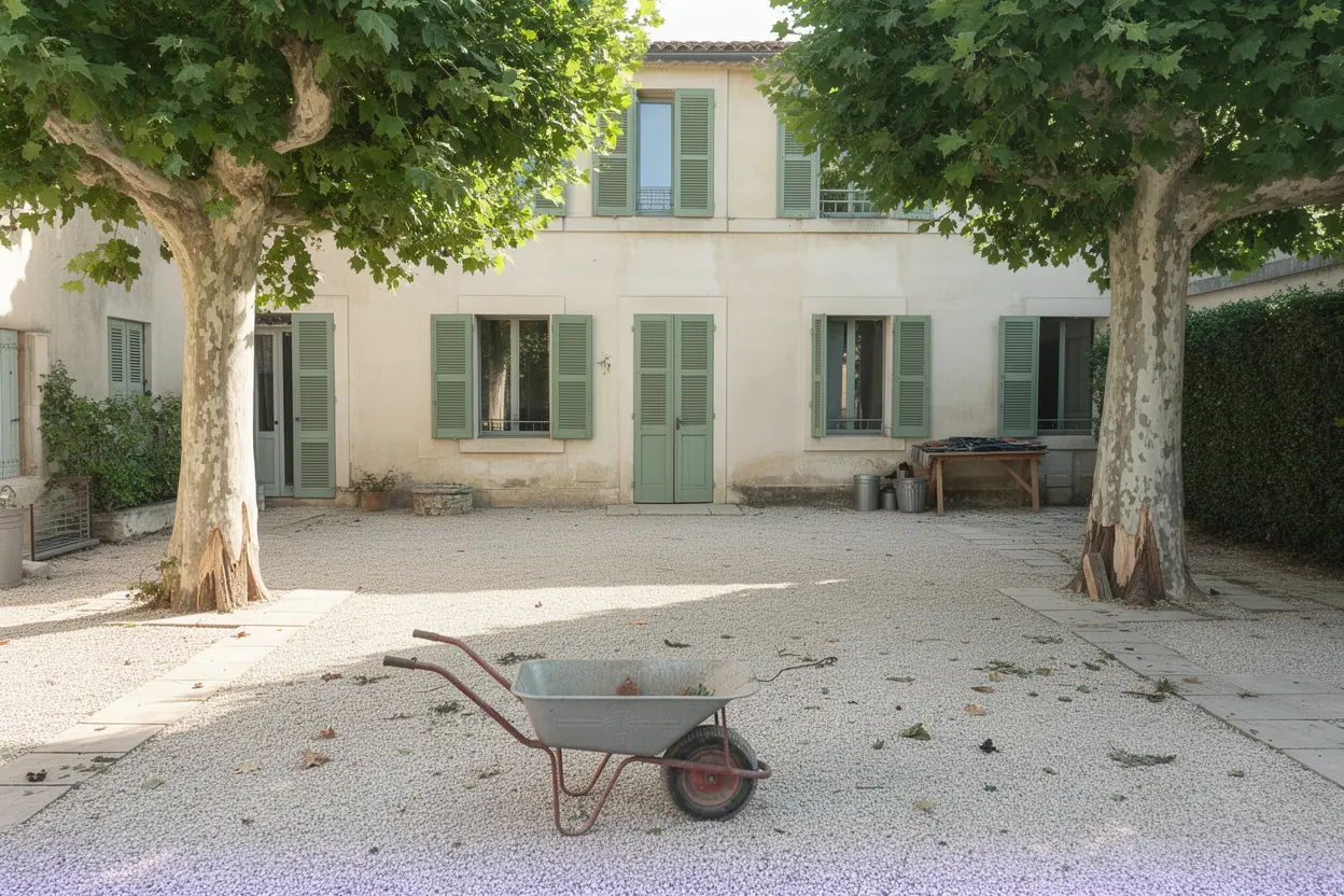 Cour nettoyée après évacuation des déchets verts à Pélissanne
