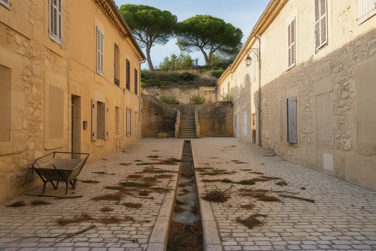Ruelle du vieux village dégagée après évacuation des déchets verts