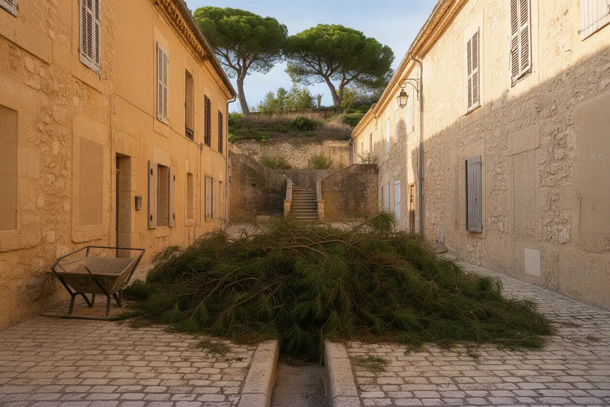 Branchages entassés dans une ruelle du vieux village de Saint-Chamas