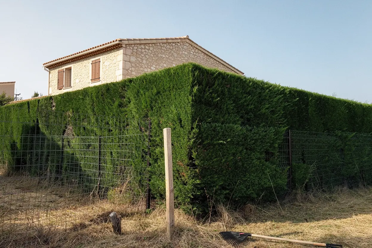 Haie de cyprès ramenée à hauteur maîtrisée après taille