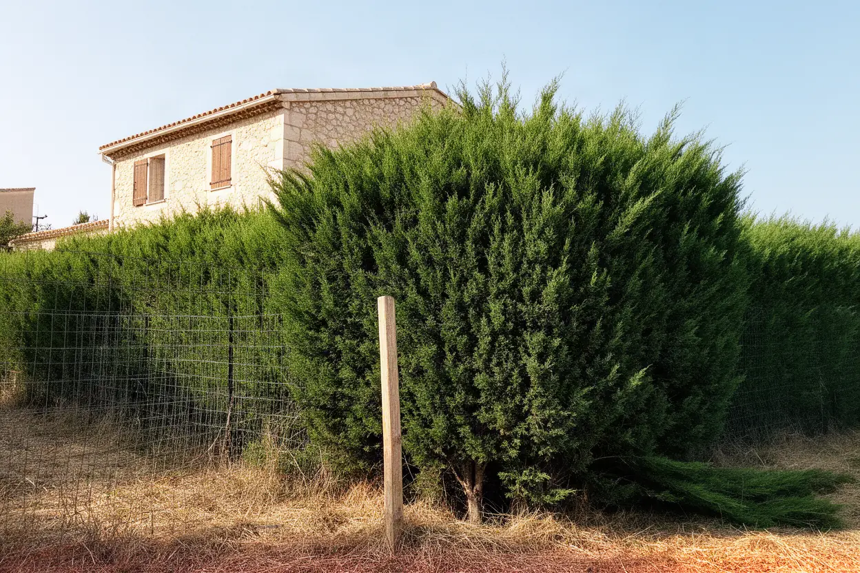 Haie de cyprès trop haute avant intervention à Saint-Chamas
