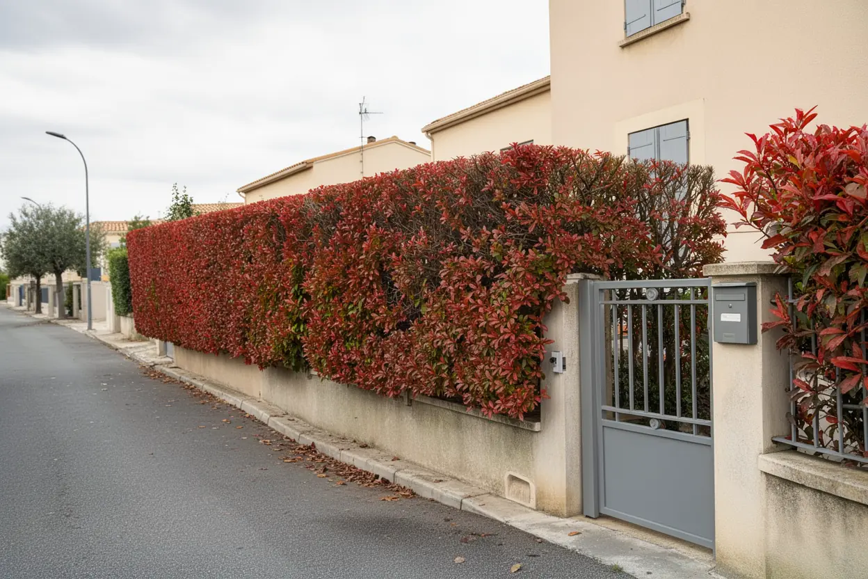 Haie de photinia taillée au cordeau après intervention