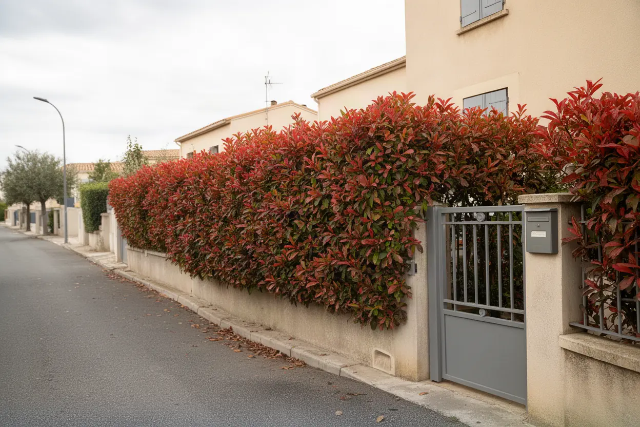 Haie de photinia débordante avant taille à Salon-de-Provence