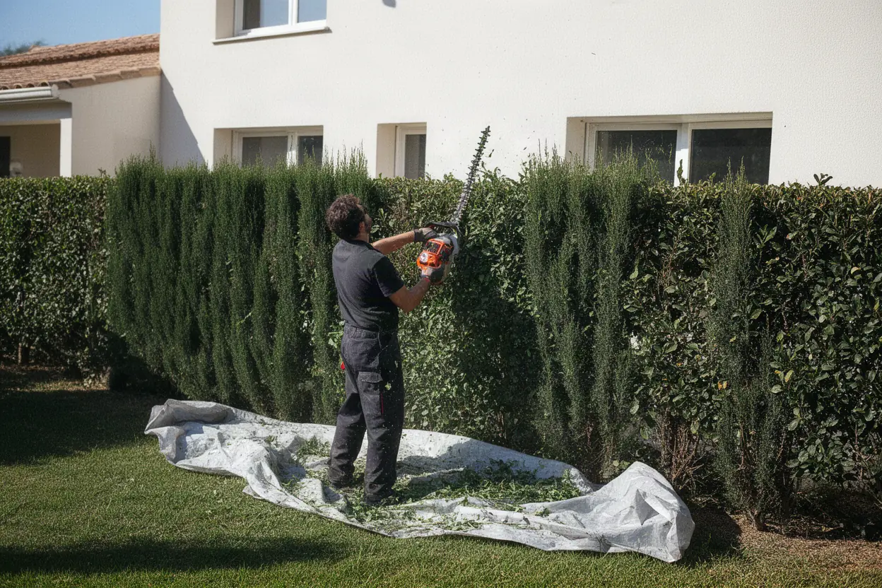 Taille d'une haie de cyprès en clôture à Lançon-Provence